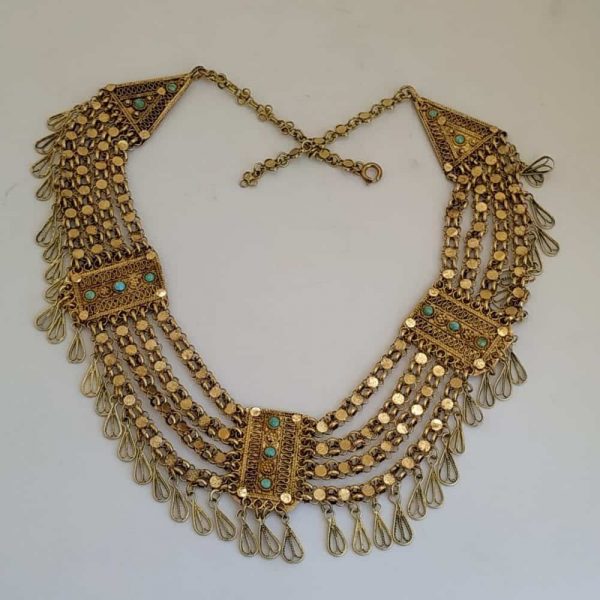 Sterling silver gold plated Yemenite filigree silver necklace with Turquoises vintage made in Israel by Yemenite newcomers during the 1950's.