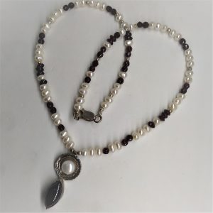 Handmade silver and gold beads design Japanese round rice pearls necklace with Garnet beads set in sterling silver contemporary setting.