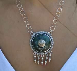 Handmade sterling silver Roman Glass Necklace Round  genuine antique glass and sterling silver beads hanging and Yemenite filigree designs.