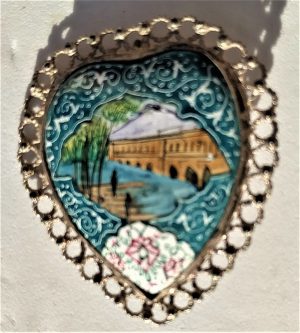 Handmade sterling silver Brooch Vintage Heart Enamel design of a bridge and flowers around.Dimension 3.2 cm X 3.2 cm approximately.