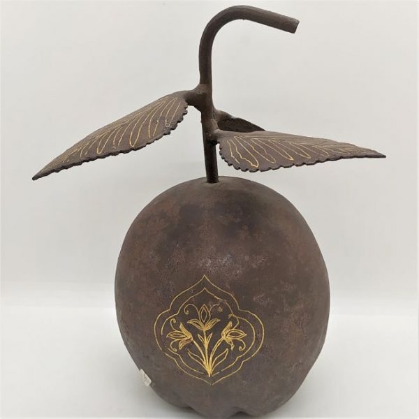 An antique Safavid iron Apple with 24 carat gold inlaid designs made in the middle East during 16th century. Dimension 28 cm X 10 cm X 12 cm.