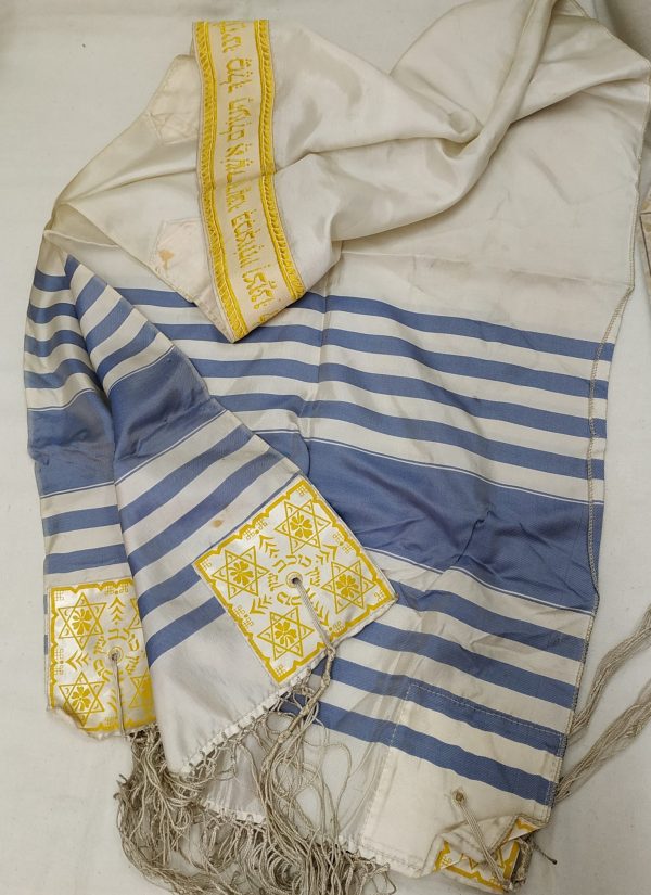 A vintage Talith and bag from the 1940's with hand embroidery silver thread on velvet bags. It belonged to a Rabbi Mordechai ben Moshe.