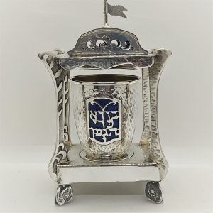 Sterling silver handmade full Havdala Set Enameled Well designs all around. Dimension 14. 7 cm X 10.5 cm X 7.5 cm approximately.