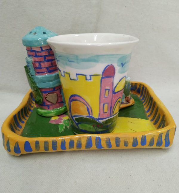 Handmade glazed ceramic Havdalah Set Ceramic Horwitz designed as a house surrounded by a garden and fence. Dimension dish 14.5 cm X 10 cm.
