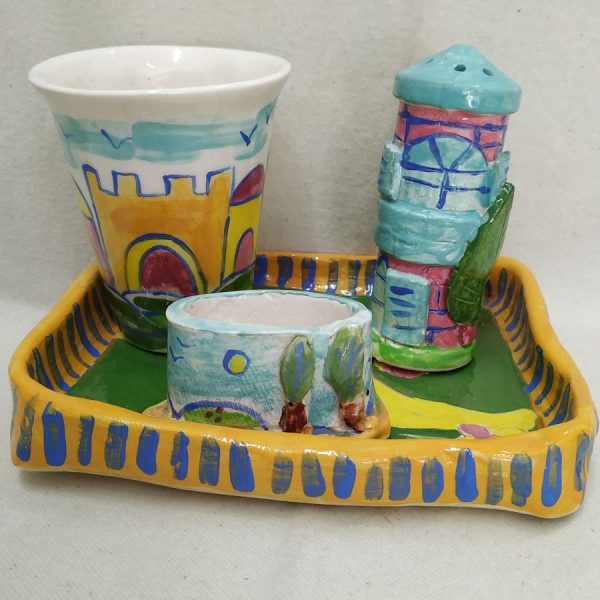 Handmade glazed ceramic Havdalah Set Ceramic Horwitz designed as a house surrounded by a garden and fence. Dimension dish 14.5 cm X 10 cm.