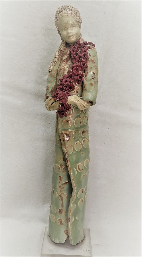 Handmade glazed Ceramic Sculpture Elegant Lady  wearing a flower scarf made by Miri.Dimension 24 cm X 5 cm X 5 cm approximately.