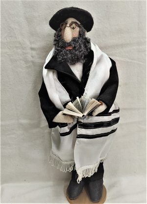 Handmade different fabrics Handmade Doll Orthodox Rabbi wearing his prayer shawl Tallit for the morning prayers.Made by Irena.