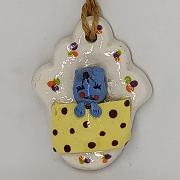 Ceramic Hamsa Blue Cat hanging handmade by Raheli blue cat suitable for baby's room. It is considered as an amulet to protect from evil eye.
