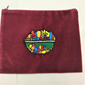 Handmade red color Tallit Bag Druze Embroidery cotton thread. The embroidery represents the ancient map of the city of Jerusalem found in Medva.