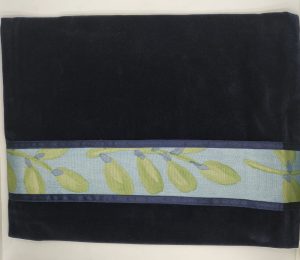Handmade Tallit Bag Velvet Blue navy with a silk stripe with painted olive leaf. Made in Israel by Kapot Tamar.