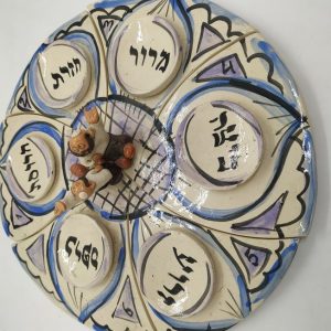 Handmade glazed Passover Pesah Seder Dish Ceramic with two Hassids on top made by Denis with on it the ceremonial foods around which the Seder is based on.