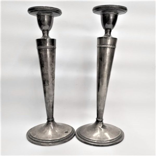 Vintage American Sabbath Candlesticks sterling silver handmade with initial engraved USA style and filled inside with cement for stiffness. 