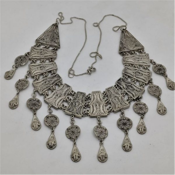 Vintage sterling silver Yemenite Filigree Silver Necklace with very fine filigree dangling drops made in Israel by Yemenite newcomers during the 1950's.