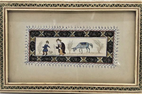 Handmade miniature art Grandfather Painting Mosaic Frame, a grand child leading his grandfather on the road and their horse eating weeds.