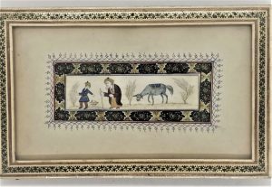 Handmade miniature art Grandfather Painting Mosaic Frame, a grand child leading his grandfather on the road and their horse eating weeds.