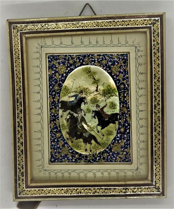 Handmade miniature art Polo Game Painting Framed mosaic with many different materials wood , brass and camel bone and signed Minahyian.