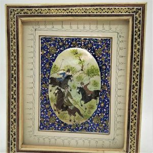 Handmade miniature art Polo Game Painting Framed mosaic with many different materials wood , brass and camel bone and signed Minahyian.