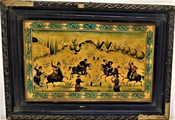 Handmade Vintage Polo Painting Framed with horsemen playing polo game outside the palace in Middle East society & signed in Arabic letters.