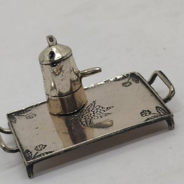 Sterling Silver miniature coffee kettle sculpture handmade with a rectangular serving tray. Miniature sculptures wide range original designs.