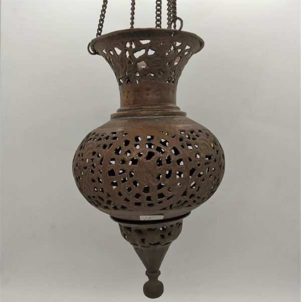Vintage copper hanging lantern cut out and hand hammered designs made in the middle East early 20th century a nice romantic shadowed light.
