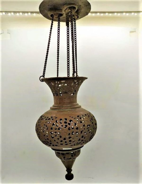 Vintage copper hanging lantern cut out and hand hammered designs made in the middle East early 20th century a nice romantic shadowed light.