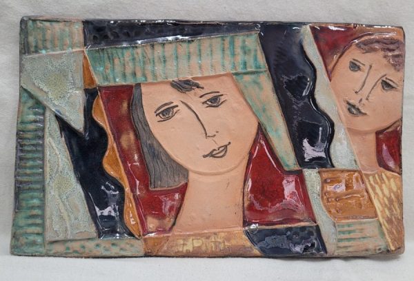 Handmade glazed ceramic rectangle tile David admiring Bathsheba his beloved wife made by Ruth Factor. Dimension 17 cm X 27 cm approximately.