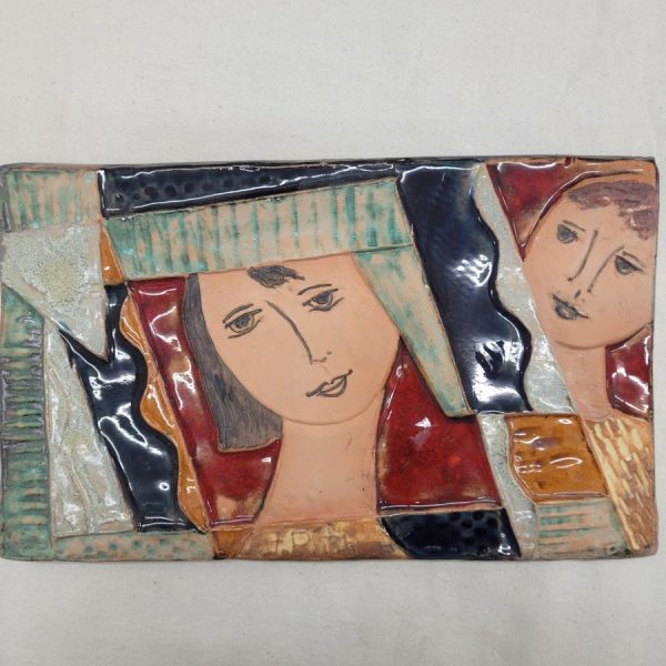 Handmade glazed ceramic rectangle tile David admiring Bathsheba his beloved wife made by Ruth Factor. Dimension 17 cm X 27 cm approximately.