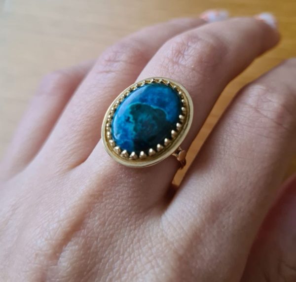 Handmade blue and green genuine Elat Stone Gold Ring set with Yemenite filigree prongs around . Dimension ring size European 56, USA 7.75.
