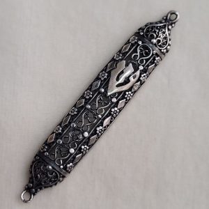 Handmade sterling silver small Mezuzah filigree Yemenite fine design suitable for parchment up to 5 cm .Dimension 1 cm X 7.5 cm approximately.