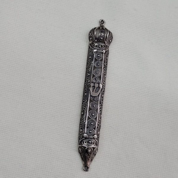 Handmade sterling silver Yemenite filigree Mezuzah silver crown filigree at top of Mezuzah suitable for parchment up to 7 cm .
