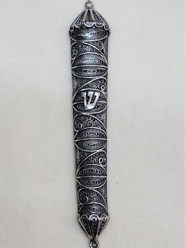 Handmade sterling silver Yemenite filigree Mezuzah half round filigree suitable for parchment up to 12 cm .Dimension 2.5 cm X 13.5 cm.