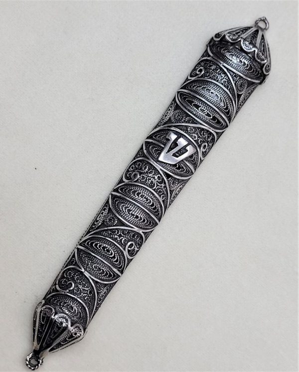 Handmade sterling silver Yemenite filigree Mezuzah half round filigree suitable for parchment up to 12 cm .Dimension 2.5 cm X 13.5 cm.