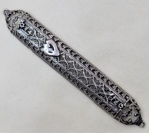 Handmade sterling Silver Mezuzah Vine Grapes and Yemenite filigree incenter of Mezuzah. Suitable for parchment up to 11 cm .