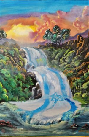 A view of the Israel Independence Oil Painting that is flowing out of the water source.  Israel independence is vital like water to humanity.