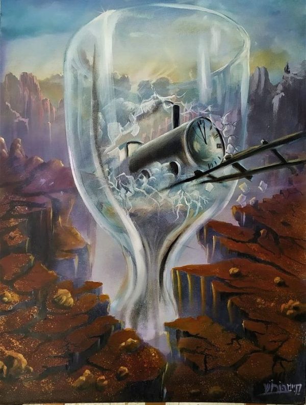 Original Oil Painting Mashiach Time Train Painting Handmade By Haim Borosh. One should expect the Mashiach coming at any time.