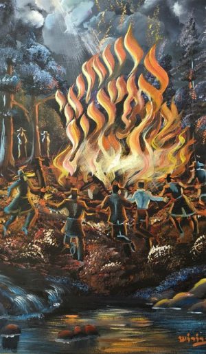 Haim Borosh has depicted ingeniously in the oil Painting Bar Yochai Bonfire the famous Rabbi Shimon Bar  Yochai founder of the Kabbalah.