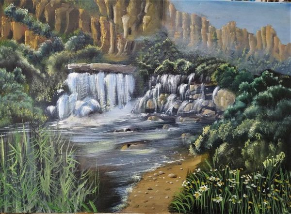 A view of water spring in the Judean desert Ein Mabuaa Oil Painting that is flowing out fierce fully of the water source by H. Borosh. 