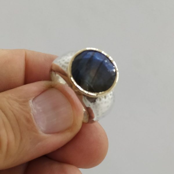 Handmade sterling silver Labradorite round stone ring hand hammered contemporary design European finger size 22, USA size 10.