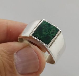 Handmade sterling silver contemporary Elat stone square ring set with a flat square Elat stone strap. Dimension 1.1 cm X 1.4 cm.