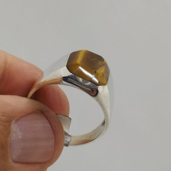 Handmade sterling silver Tiger's eye man ring, faceted stone and shaped 0.9 cm X 0.9 cm. European finger size 74, USA finger size 14.