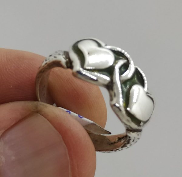Handmade sterling silver with two enameled hearts ring green color. Dimension 1.2 cm approximately. European finger size 57, USA size 8.