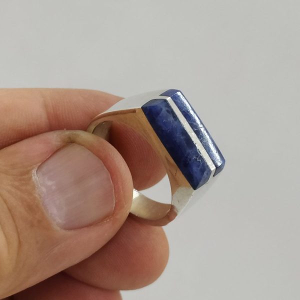 Handmade sterling silver Lapis Lazuli man ring set with two stripes of stones 1.8 cm X 0.9 cm. European finger size 64, USA size 10.75.