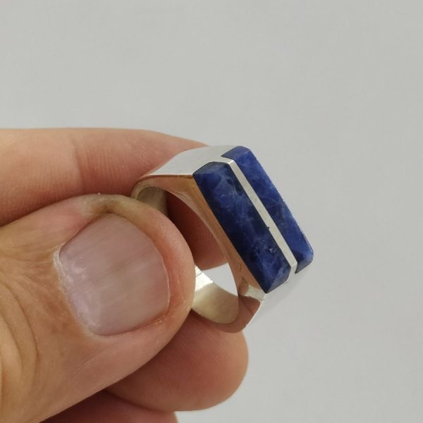 Handmade sterling silver Lapis Lazuli man ring set with two stripes of stones 1.8 cm X 0.9 cm. European finger size 64, USA size 10.75.