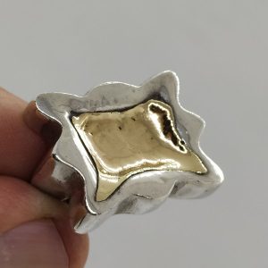 Original abstract gold silver ring made with sterling silver and 14 carat gold. Dimension 2.5 cm X 1.9 cm approximately. European finger size 55, USA size 7.5.