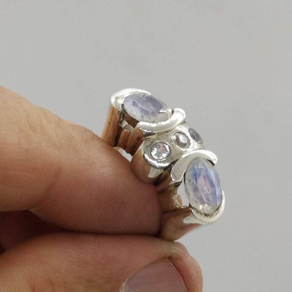 Handmade sterling silver contemporary style Labradorite Zircon stones ring set with 2 faceted white Labradorite stones and 3 white Zircons.
