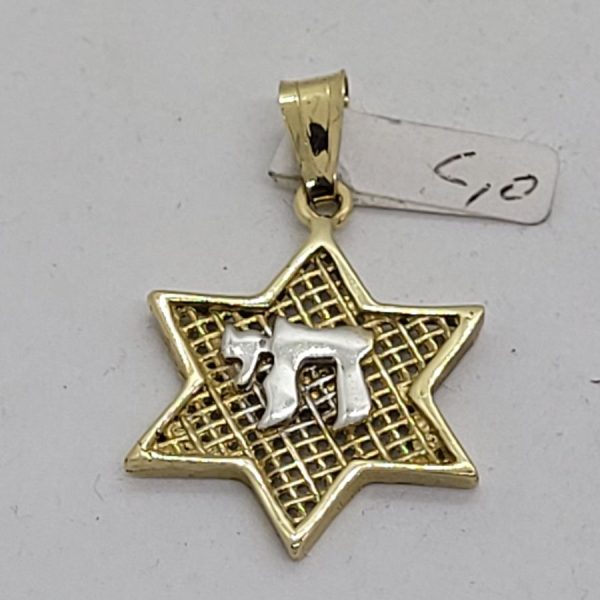 Handmade 14 carat white and yellow gold Magen David star and Hay  pendant, the Hay is set on a yellow gold web 2 cm X 3.3 cm X 0.15 cm.