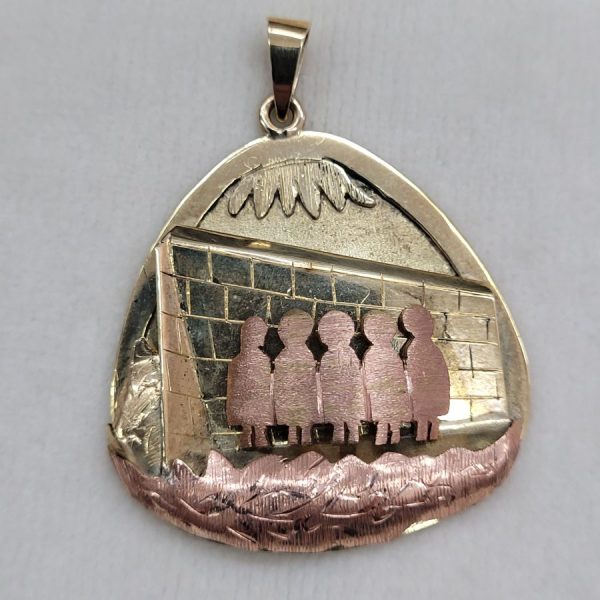 Handmade 14 carat yellow and pink gold Kotel Western wall pendant, sand and diamond cut finish 4 cm X 3.2 cm X 0.5 cm approximately.