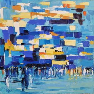 Fine art oil painting canvas blue abstract Western Wall hand painting oil on canvas by M. Yankelevitz.   Dimension 90 cm X 90 cm approximately.