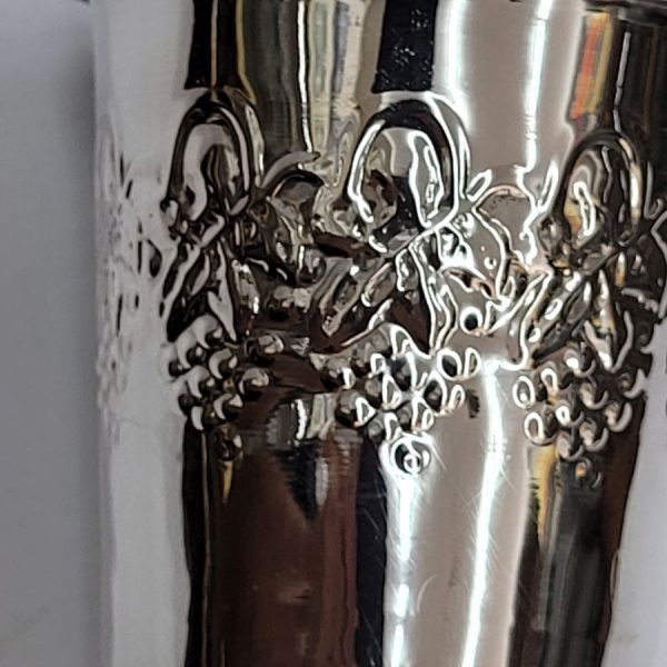 Sterling silver grape leaf Kiddush cup with grape leaf pressed around cup contemporary style. Dimension diameter 6.3 cm X 7.5 cm approximately. 