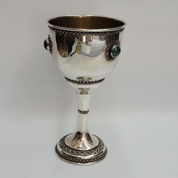 Sterling silver Kiddush cup vintage with filigree designs around and set with red & green agate stones & tiger eye stone & around filigree wires.